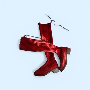 Burgundy Faux Suede Over-the-Knee Thigh High Boots - Low Block Heel